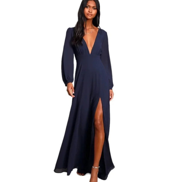 Lulus Dresses & Skirts - Lulu's All My Life Navy Blue Long  Sleeve Maxi Dress Size XS NWT Chiffon V-Neck